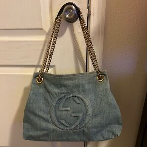 Gucci Soho Blue Denim Chain Straps with Leather Tote Bag